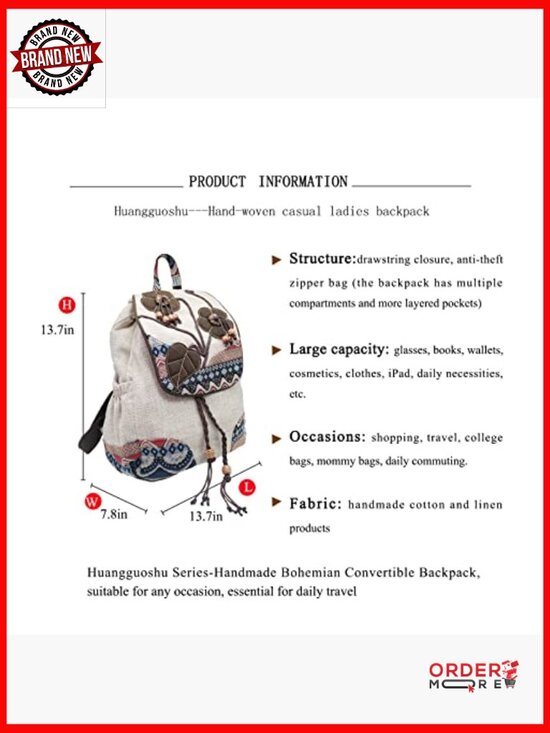 Vintage Bohemian Drawstring Canvas Backpack Purse Women\'s Hand-Embroidered